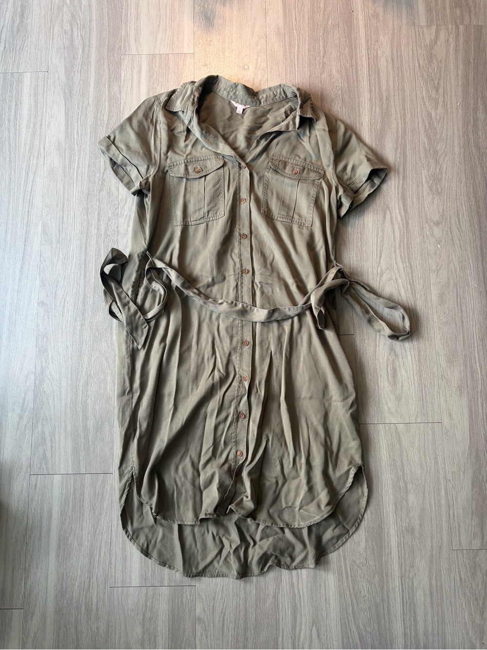 Olive Green Button-Front Midi Shirt Dress with Tie Waist